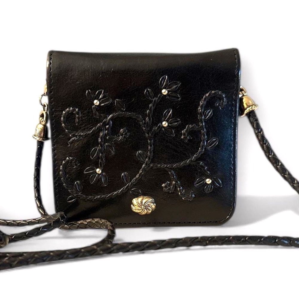 Black Leather Embroidered Floral Chain Strap Wallet Purse